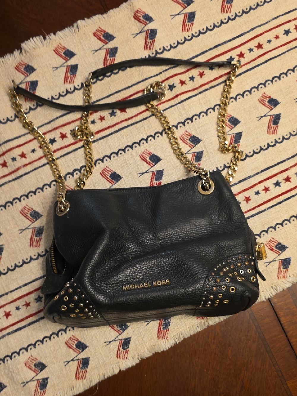 Michael Kors Black Pebbled Leather Shoulder Bag with Gold Hardware